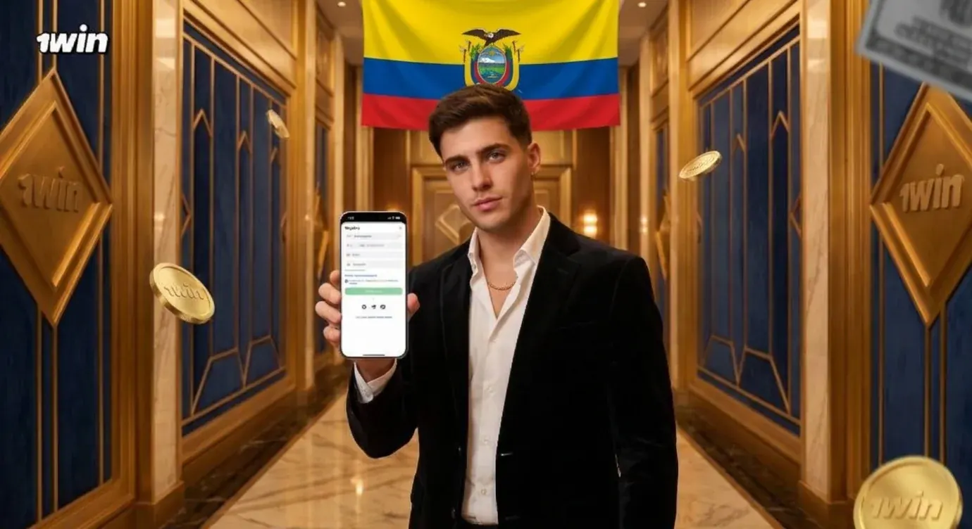 Hombre con blazer de terciopelo negro muestra en su celular el registro de 1win en un pasillo de mármol con paneles azules y dorados, monedas de 1win y la bandera de Ecuador